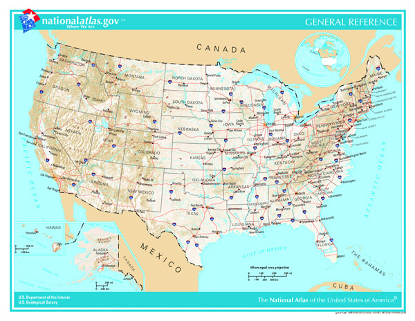 Detailed geographic map of the USA.