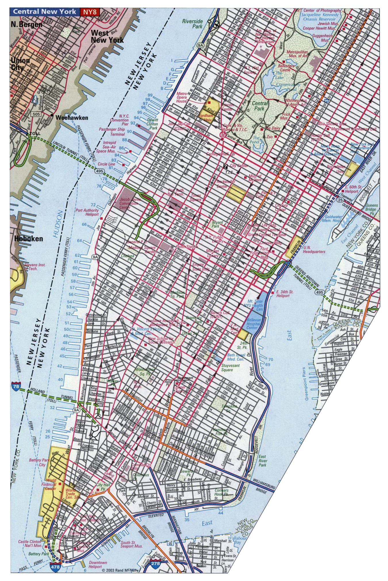 Detailed road map of Manhattan NYC. Manhattan detailed road map