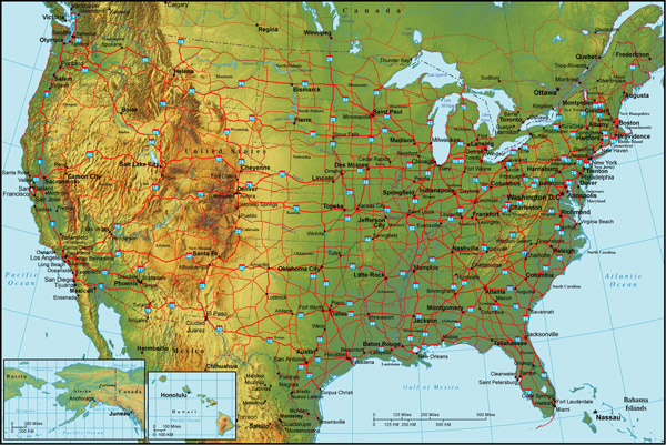 Detailed topographical map of the USA.