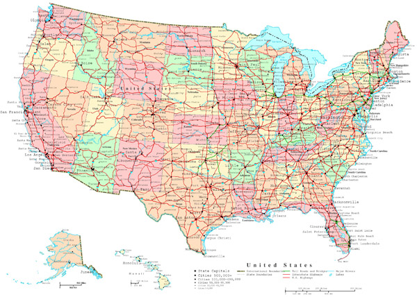 Large detailed administrative and road map of the USA.