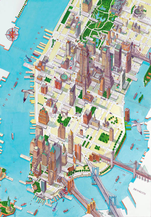 Large detailed panoramic drawing map of lower Manhattan NY city (New York city).