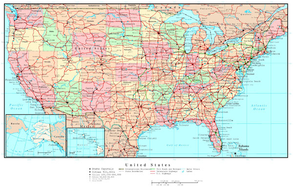 Large detailed political and road map of the USA.