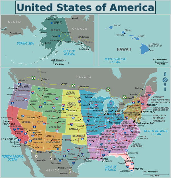 Large detailed regions map of the USA.
