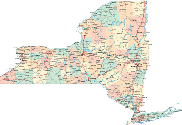Large detailed road and administrative map of New York State.