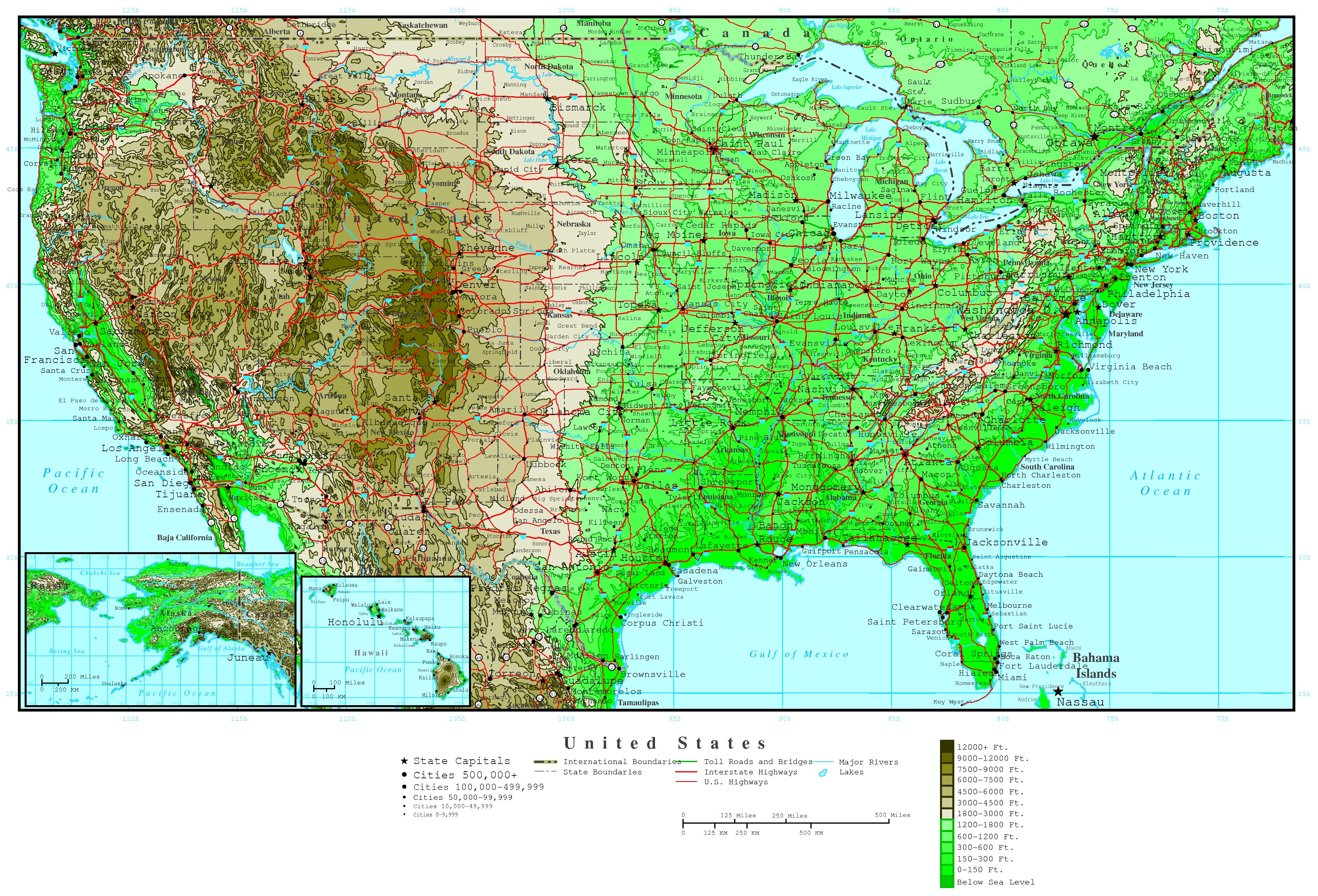 Large detailed road and elevation map of the USA. The USA large