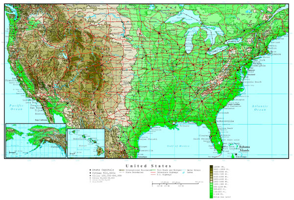 Large detailed road and elevation map of the USA.