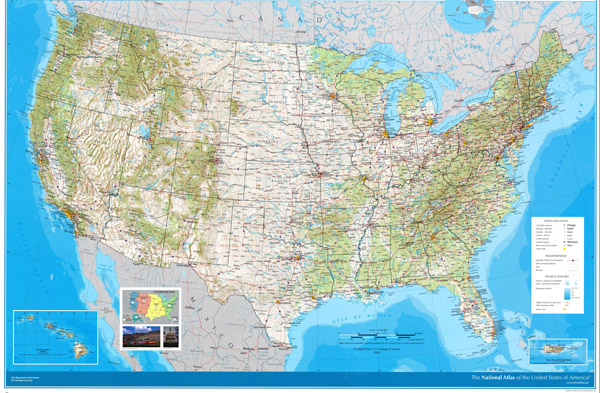 Large detailed road and topographical map of the USA.