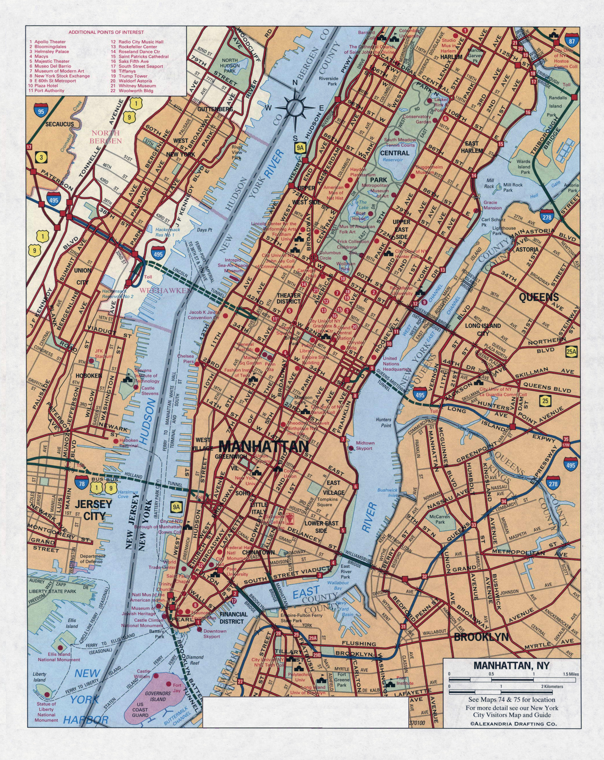 Large detailed road map of Manhattan (New York city). Manhattan NYC