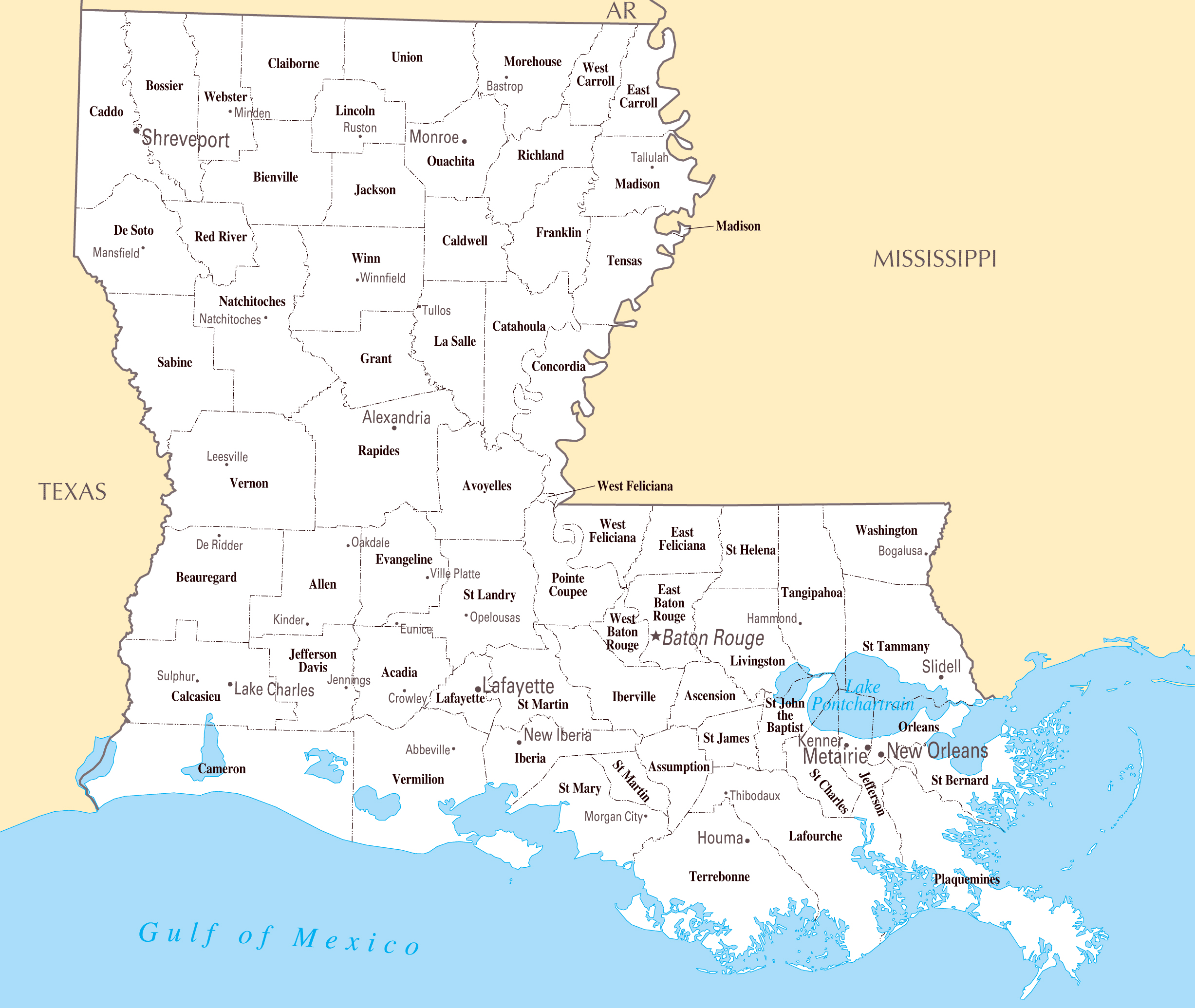 Large Detailed Administrative Map Of Louisiana State With Roads The