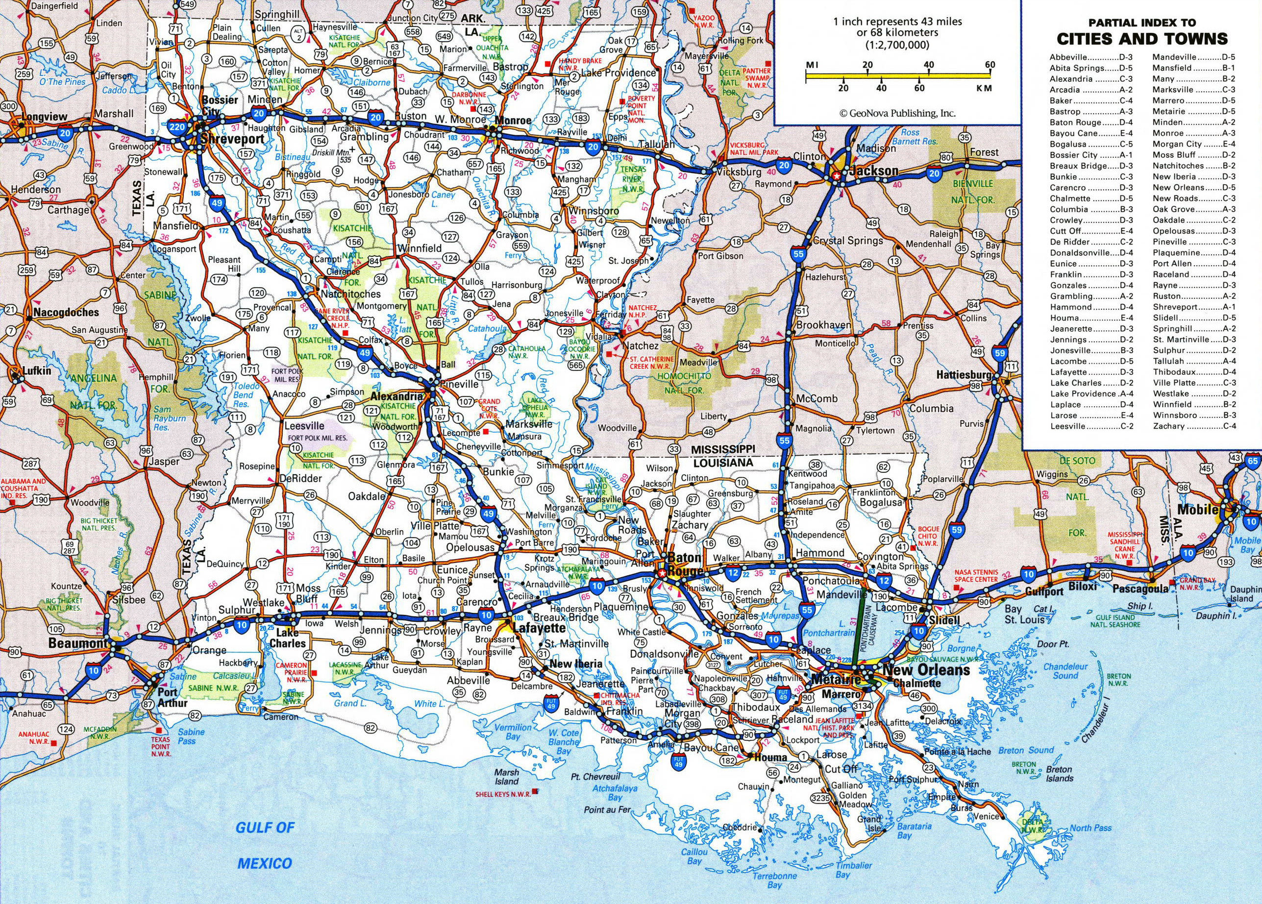Large Detailed Roads And Highways Map Of Louisiana State With National Parks And All Cities