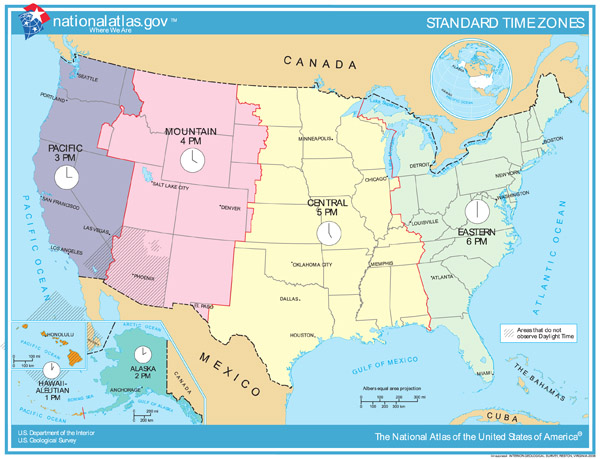 Map of time zones of the United States.