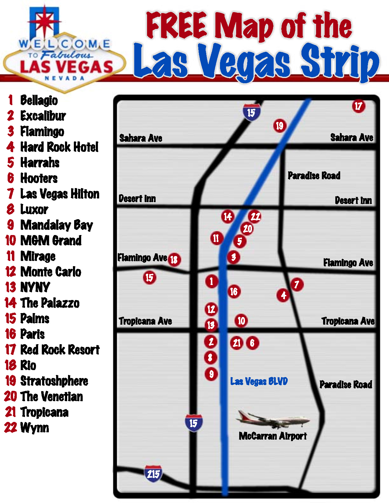 Map of the Las Vegas strip. Las Vegas strip map