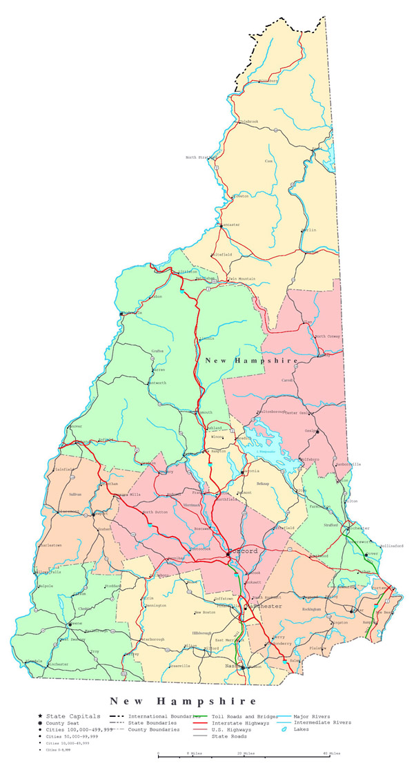 Large detailed administrative map of New Hampshire state with highways, roads and cities.