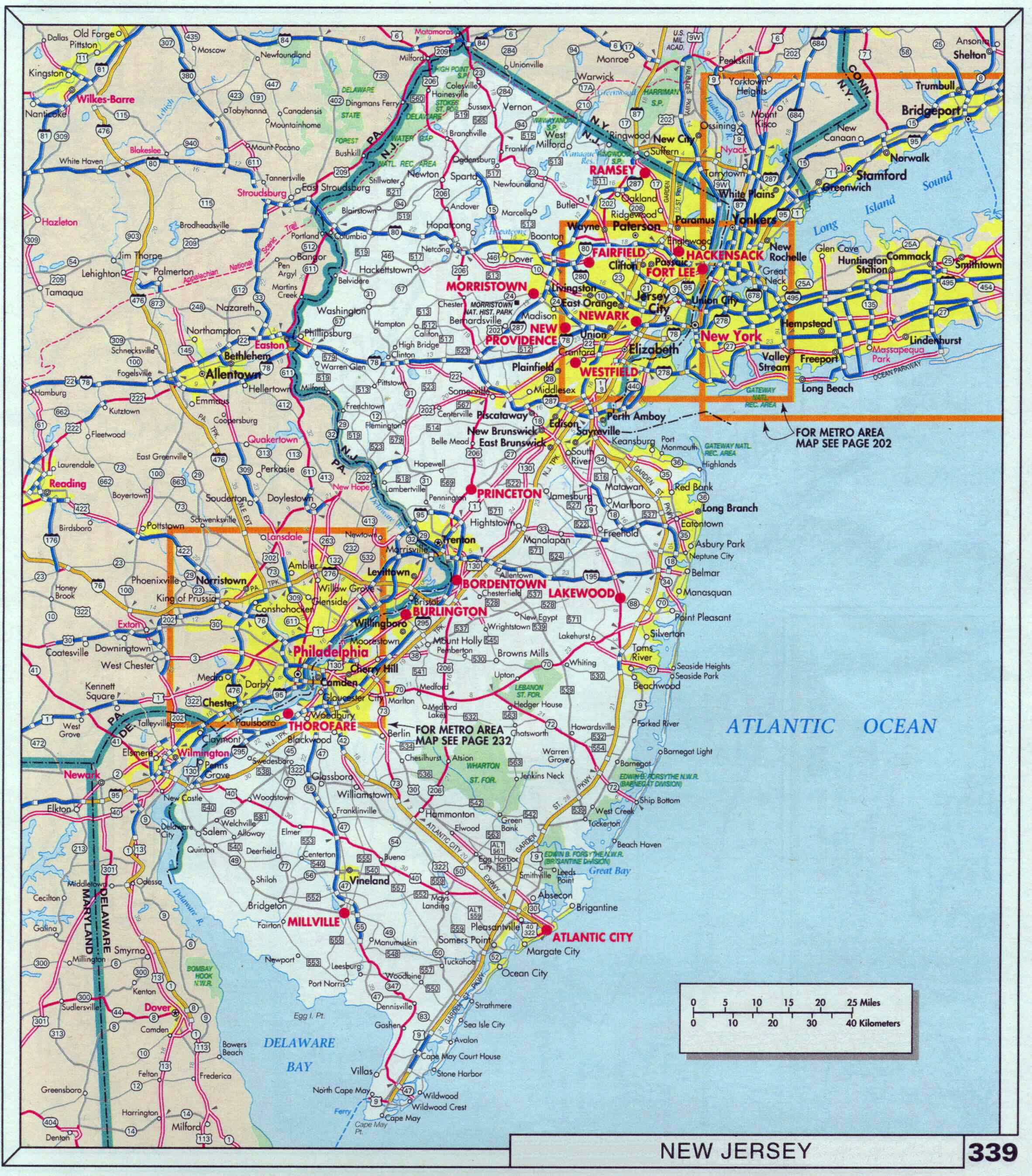 Large roads and highways map of New Jersey state with cities | Vidiani