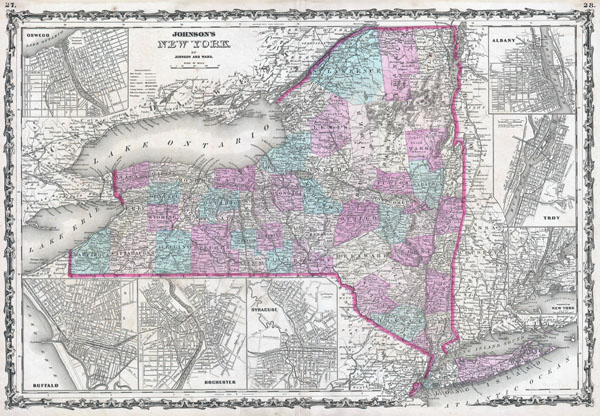 Large detailed old administrative map of New York state with towns, cities and railroads - 1862.