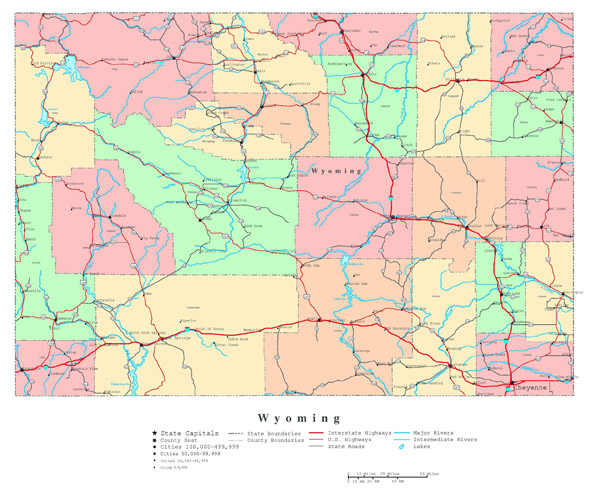 Large detailed administrative map of Wyoming state with roads, highways and cities.