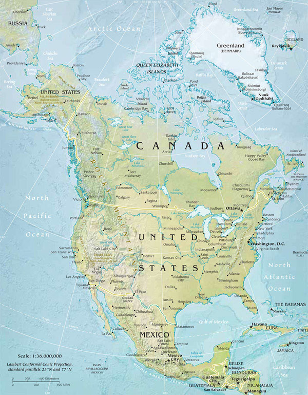 North America large physical and relief map.