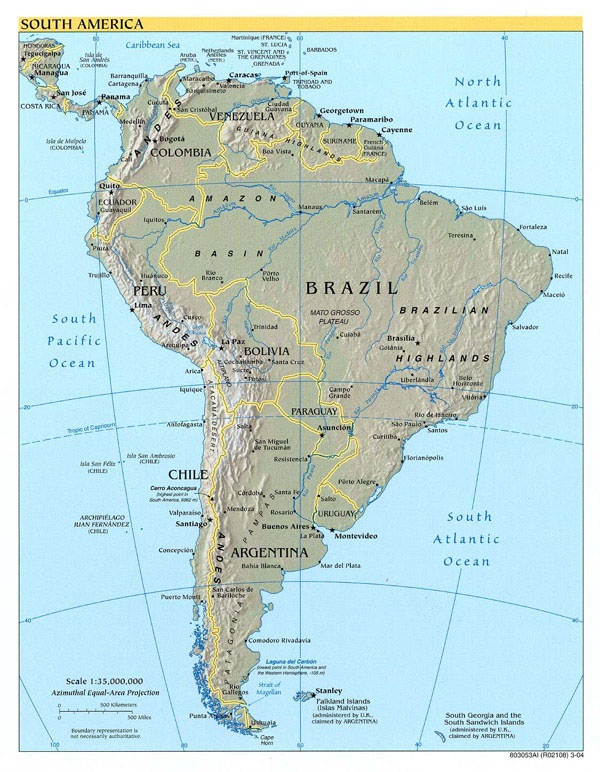 Detailed political and relief map of South America.