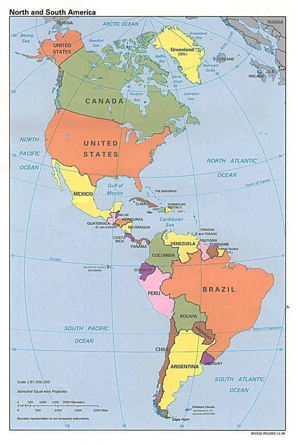 Detailed political map of North and South America - 1996.