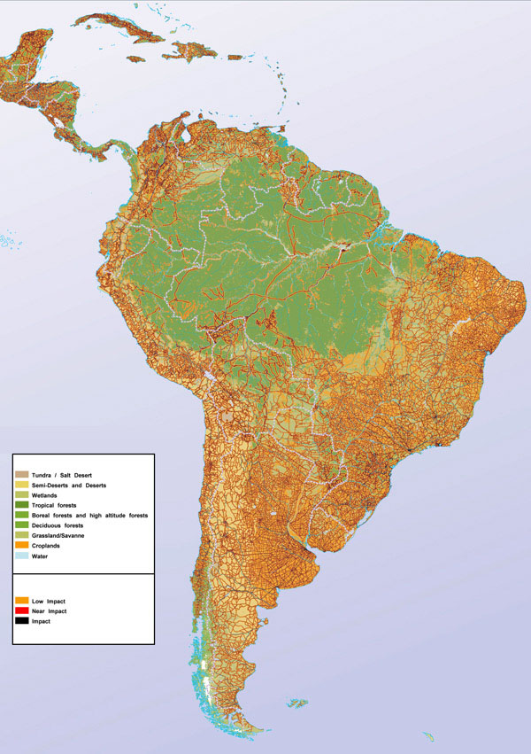 Large detailed human impact map of South America.
