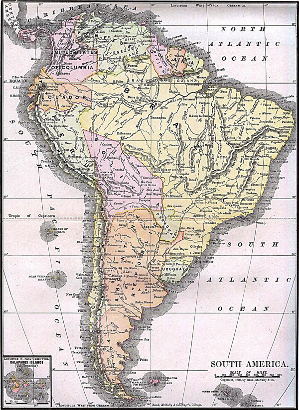 Large detailed old political map of South America 1892.