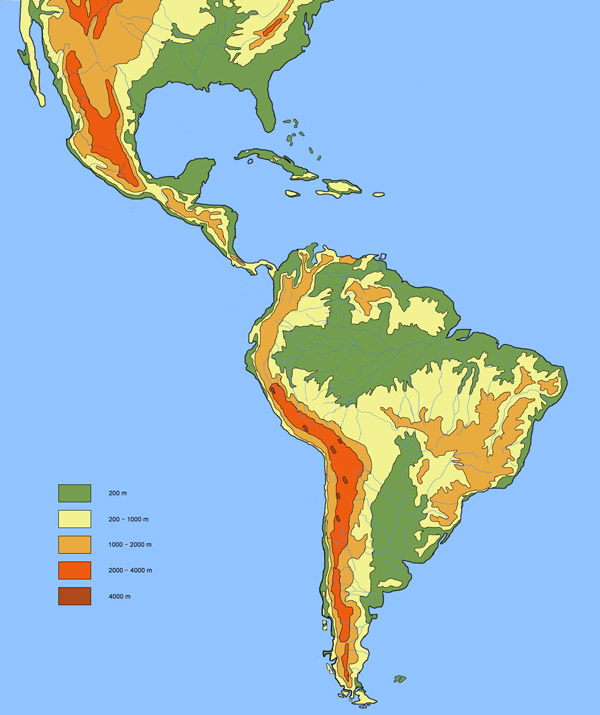 Large detailed physical and hydrographic map of Latin America.