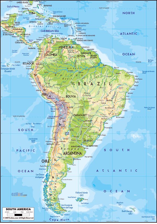 Large detailed physical map of South America with roads.