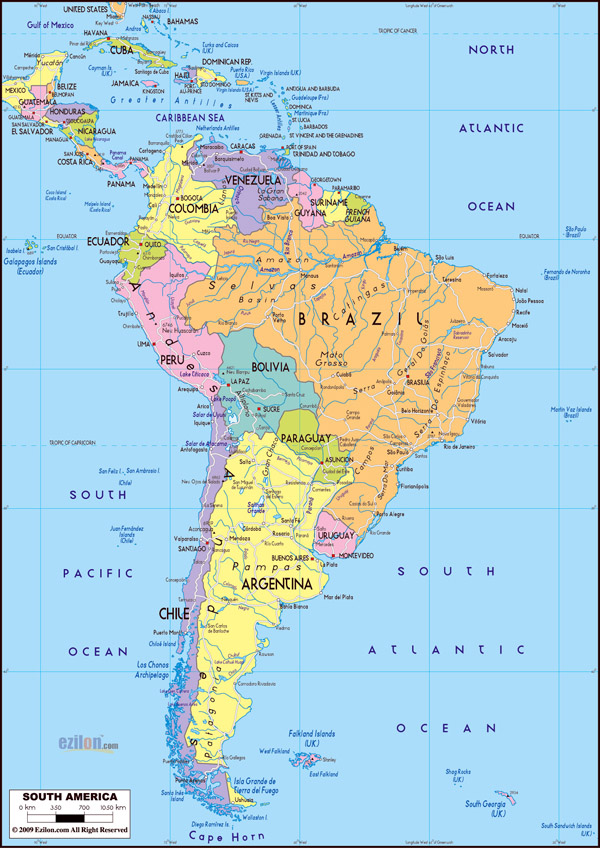 Large detailed political map of South America with roads.