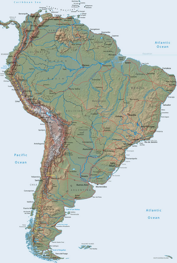 Large detailed relief map of South America.