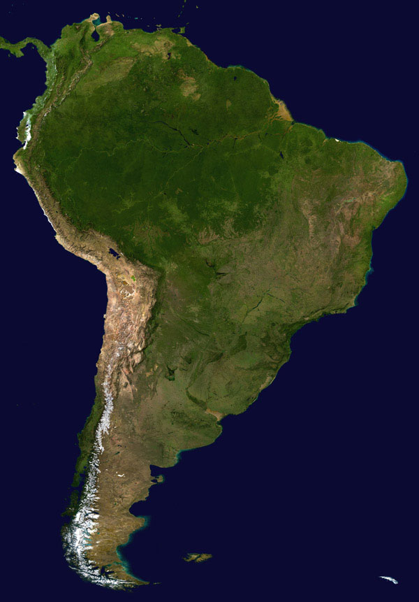 Large detailed satellite map of South America.