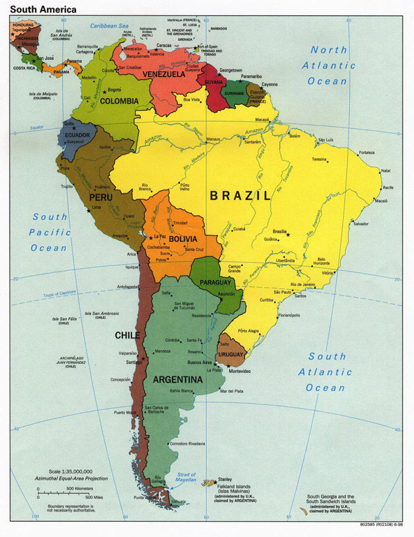 Large political map of South America.