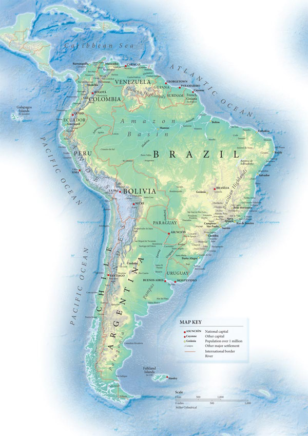 South America detailed topographical map.