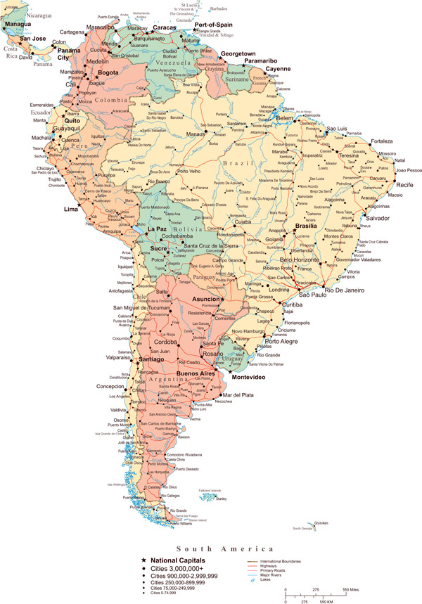 South America large detailed political map with all roads and cities.