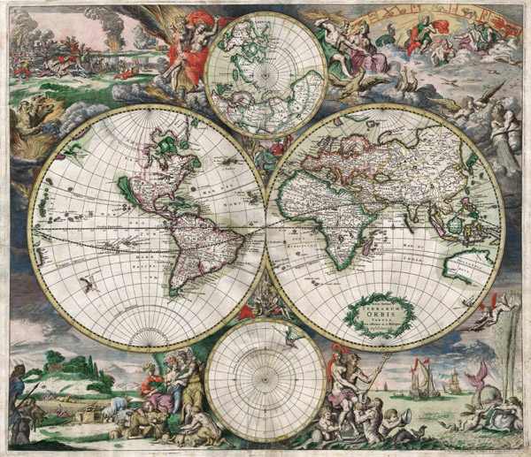 Large detailed antique political map of the World since 1689 year.